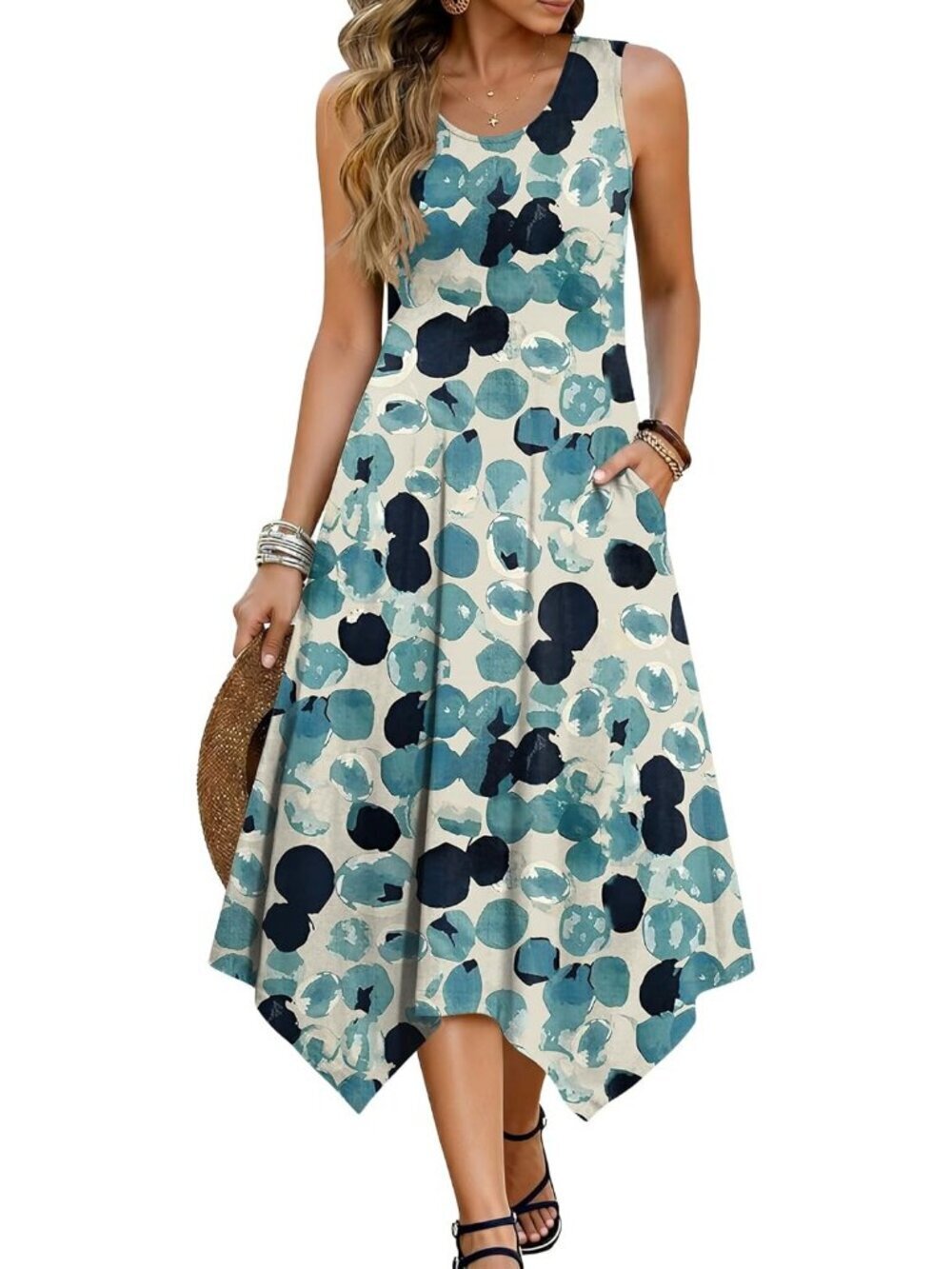 Hotouch Women's Black Blue Dot Sleeveless Sundress Hankerchief Beach Dress